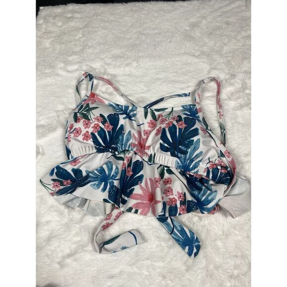 Bikini Top Size Medium Floral White Ruffled Tie Back 3443 Beach Pool - Picture 4 of 14